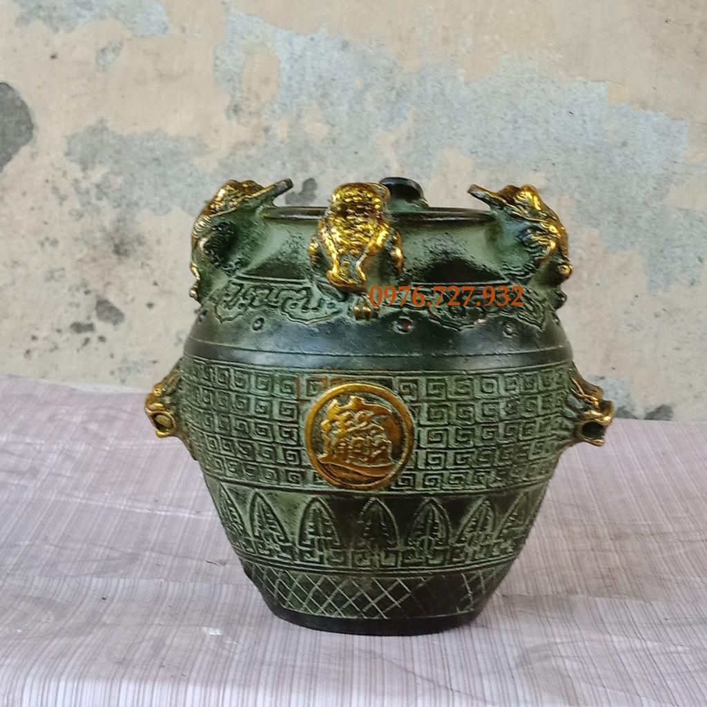 Hũ chiêu tài 4 cóc màu xanh giả cổ, kích thước 14x12cm, hũ đồng 4 cóc, giá bán hũ chiêu tài