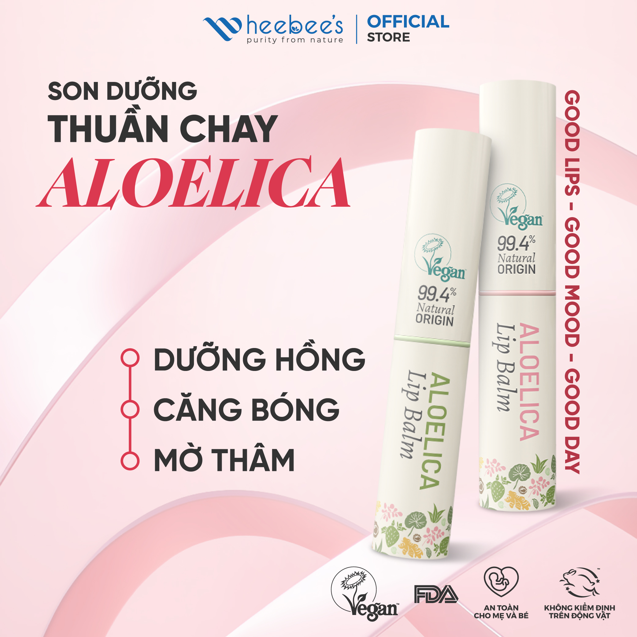 Son Dưỡng Thuần Chay Có Màu 3in1 Nha Đam Cam Thảo Heebee’s AloeLica Lip Balm Ủ Dưỡng Môi, Căng Bóng, Sáng Hồng, Mờ Thâm 3.5g