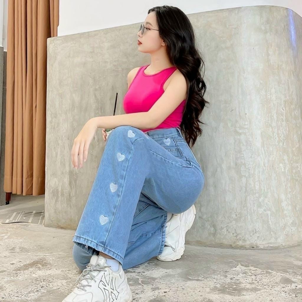 Quần Jeans Nữ, Quần Bò Nữ  Ống Rộng Cạp Cao Họa Tiết Trái Tim Phong Cách Thời Trang Hàn Quốc