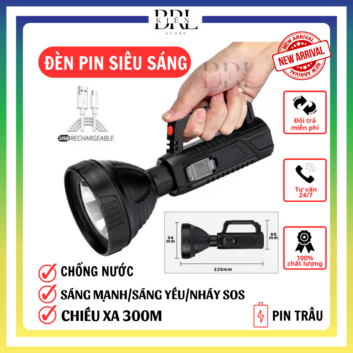 Đèn pin xách tay BK788 cho độ sáng cực cao và xa, đèn pin siêu sáng, pin trâu, nhỏ gọn, thuận tiện mang theo