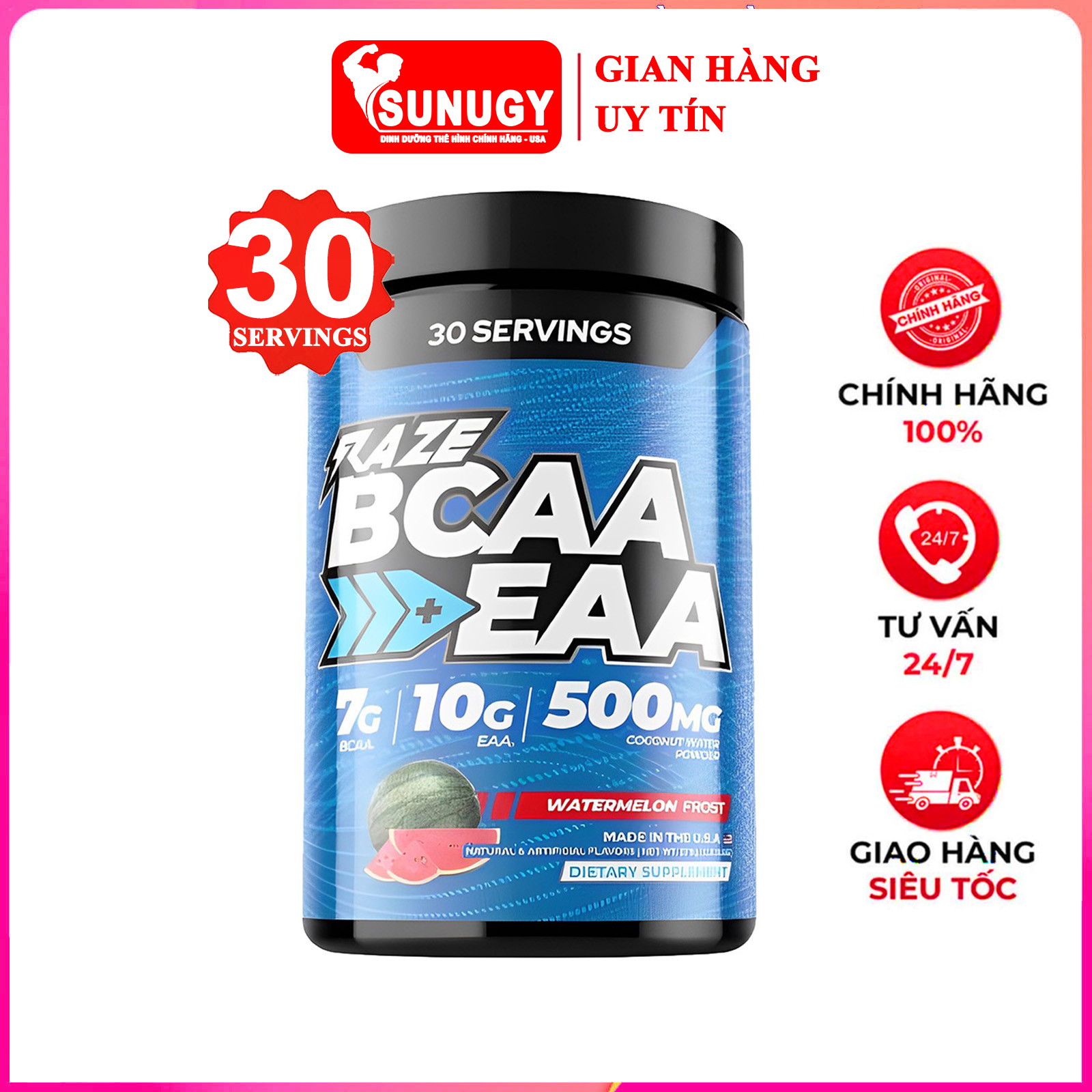 EAA siêu hồi phục RAZE BCAA+EAA hộp 30 serving hỗ trợ tăng sức bền, sức mạnh, đốt mỡ, giảm cân