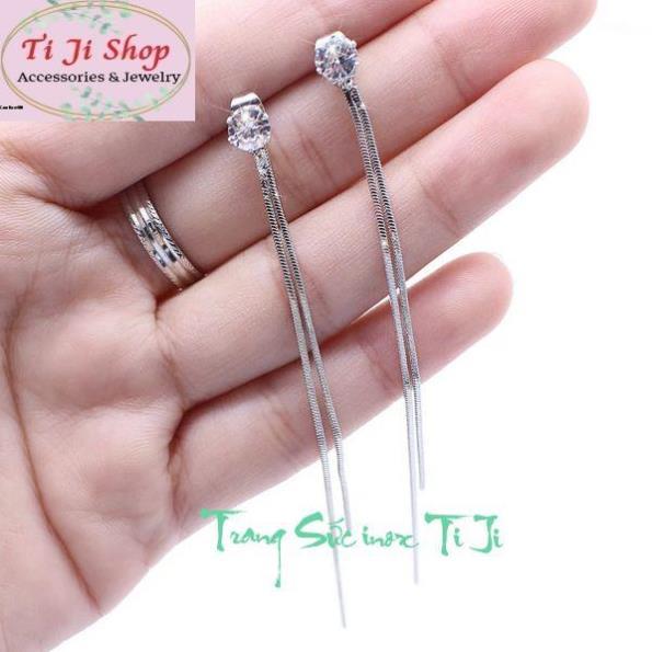 Bông tai nữ inox gắn đá 2 tua mì sang trọng không đen