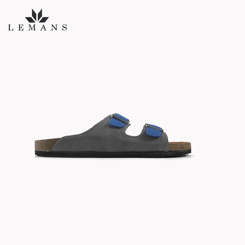 Dép Da Nubuck Phối 2 màu Xanh-Xám Đế Trấu Quai Ngang LEMANS May Sandals - Blue&amp;Grey. Quai điều chỉnh. Bảo hành 6 Tháng