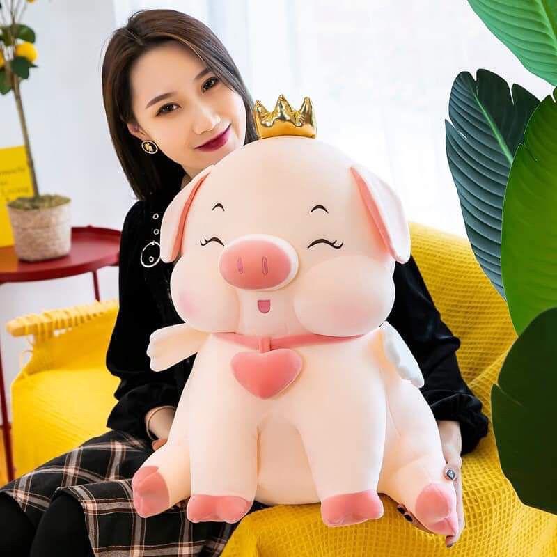 Gấu Bông Thú Lợn Nhồi Bông Heo Vương Miện Đeo Tim Ngồi Gối Ôm Màu Hồng Siêu To Khổng Lồ-TB07