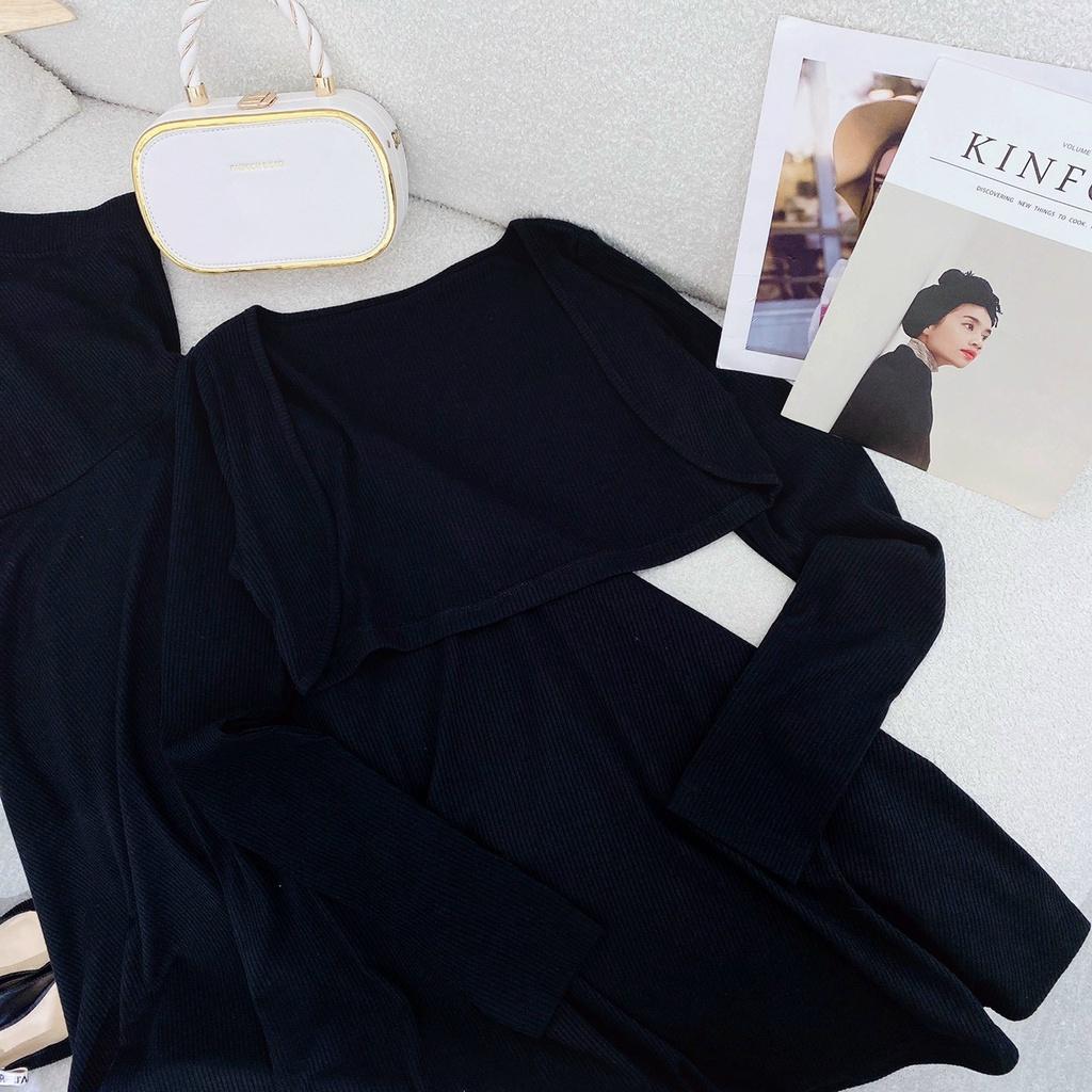 Set đầm midi đen cổ yếm xoắn kèm khoác crop tay dài