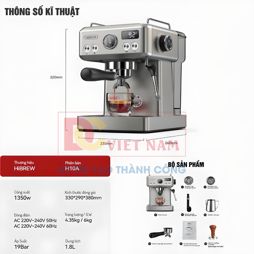 Máy pha cà phê Espresso chuyên nghiệp thương hiệu HiBREW H10A , áp suất 19bar , công suất 1350W - Hàng Chính Hãng