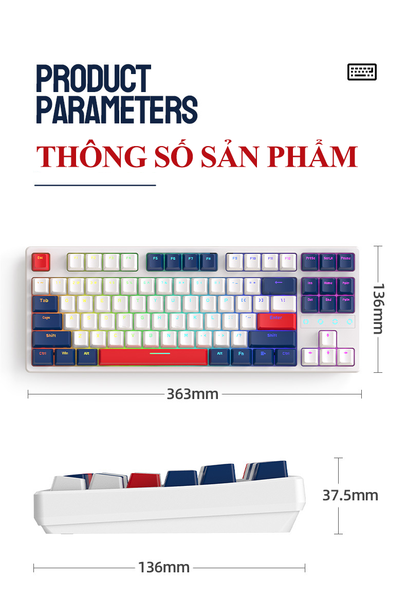 Bàn phím cơ CÓ DÂY K87 sử dụng RED SWITCH trang bị đèn led RGB và có hotswap có thể thay switch dễ dàng chuyên game dành cho game thủ