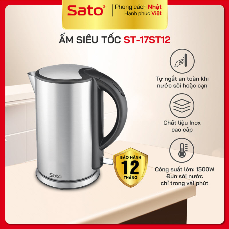 Ấm điện siêu tốc vỏ inox không han gỉ SATO ST-17ST12 1.8L, bình đun siêu tốc thông minh tự ngắt an toàn, giữ nhiệt lâu - Hàng chính hãng