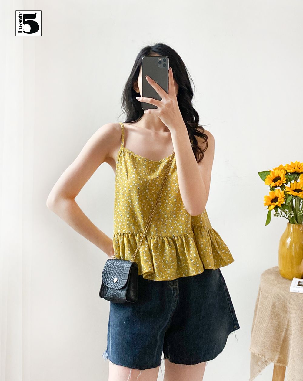 Áo hai dây nữ hoa nhí, bèo nhún vạt Twentyfive N1044