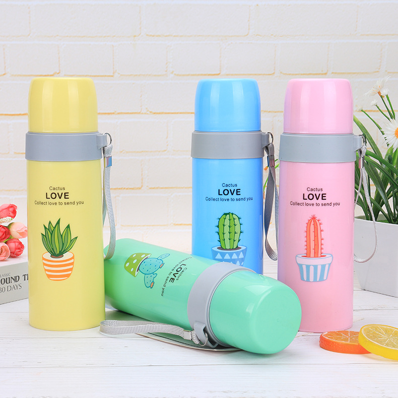 Bình Nước Thủy Tinh Giữ Nhiệt Bọc Nhựa Họa Tiết Cây Xương Rồng, Chữ Cactus Love 500ml