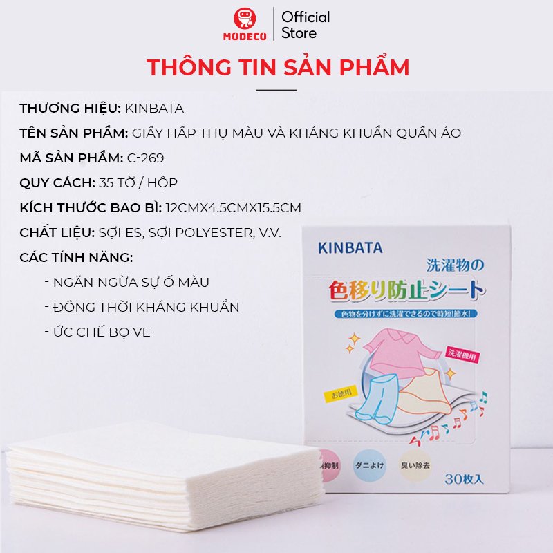 Giấy Hút Màu Và Chống Phai Màu Quần Áo KINBATA Nhật Bản - Hộp 35 Tờ Thấm Hút Màu Cực Mạnh, Kháng Khuẩn Và Chống Bọ Ve