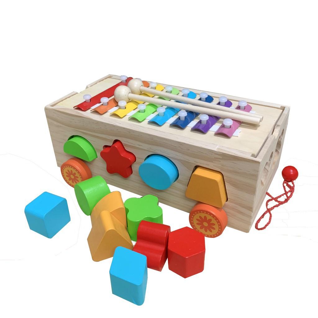 Đồ Chơi Xe Kéo Thả Hình Khối Kèm Đàn Xylyphone 8 Quãng Phát Âm Trong Trẻo Bằng Gỗ, Đồ Chơi Giáo Cụ Montessori