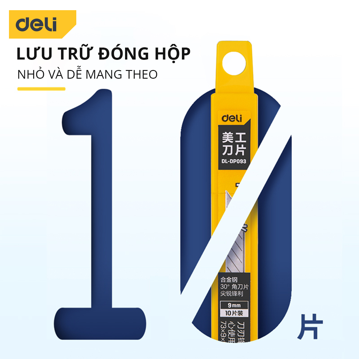 Hộp 10 Lưỡi Dao Deli, Chất Liệu Thép Hợp Kim Siêu Bền, Sắc Bén, Mũi Dao 30 Độ - DL-DP093