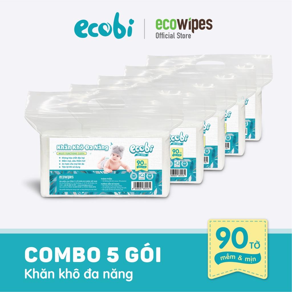 Combo 05 túi khăn khô đa năng cho bé Ecobi túi 90 tờ dùng thay khăn sữa an toàn cho trẻ sơ sinh