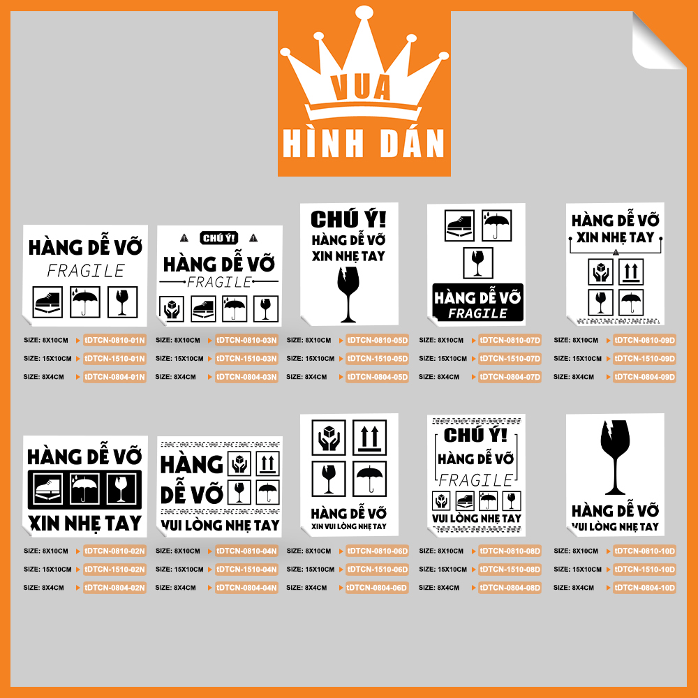 Set 50/100 Tem hàng dễ vỡ dán thùng hàng, kiện hàng (15x10cm, 8x10cm, 8x4cm) - tem sticker dán đơn hàng dành cho shop