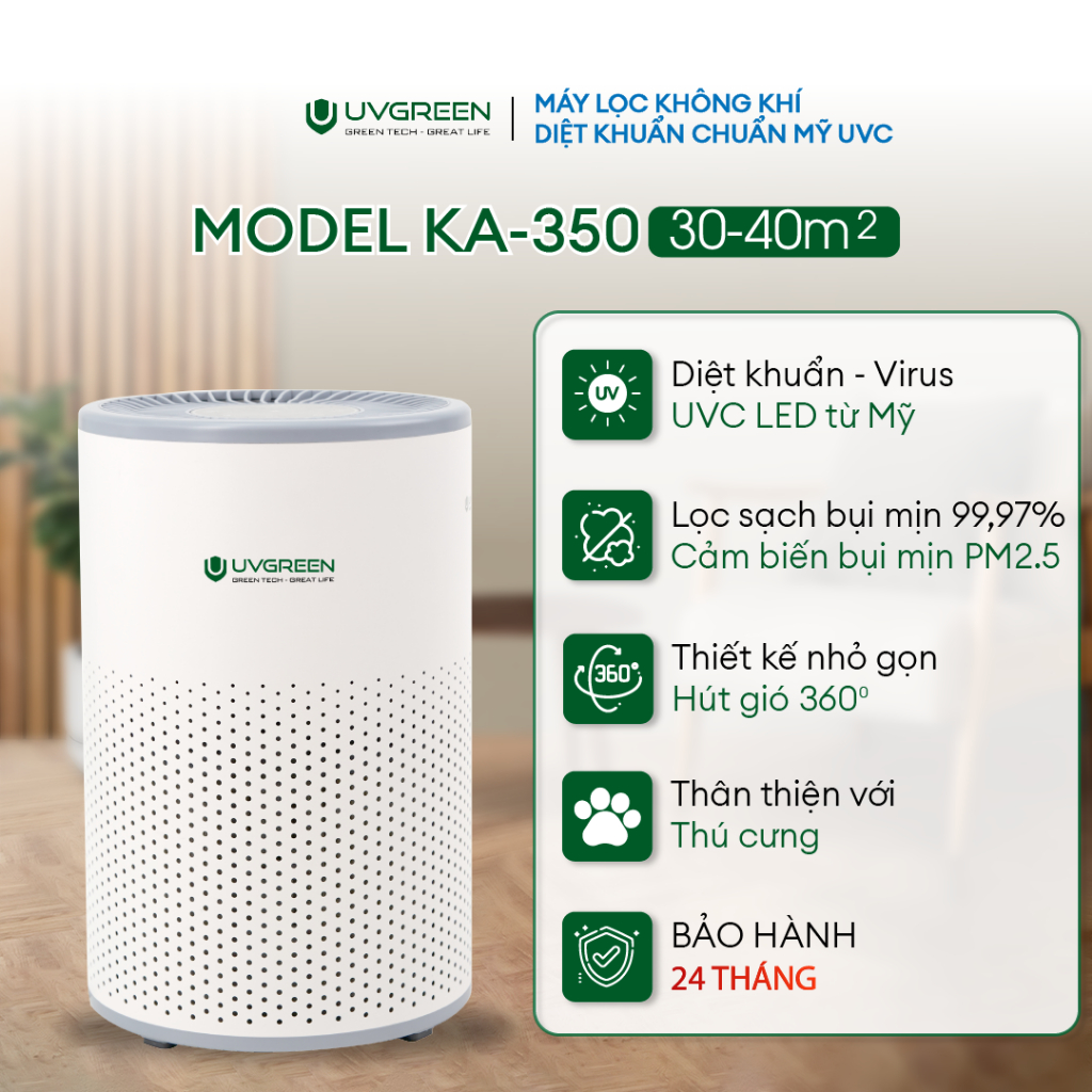 Máy Lọc Không Khí Diệt Khuẩn UVGREEN KA350 35m2 - Hàng chính hãng - Đèn UVC Mỹ, Lõi HEPA H13 Sạch 99,97% Bụi Mịn, Mùi Hôi, Khói, Lông Tóc