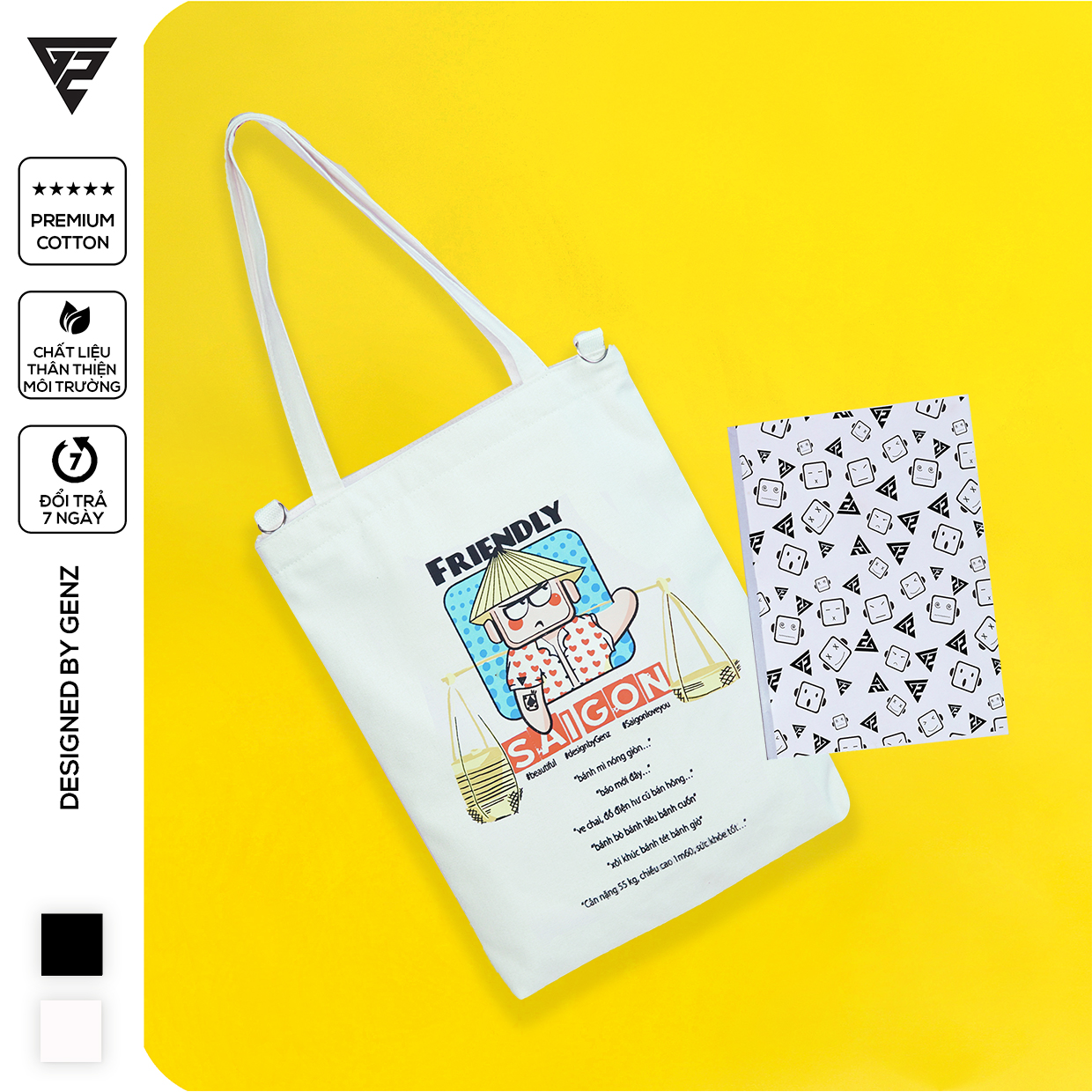 Túi tote GENZ vải canvas có túi nhỏ bên trong Sài Gòn gánh hàng rong - ZB003