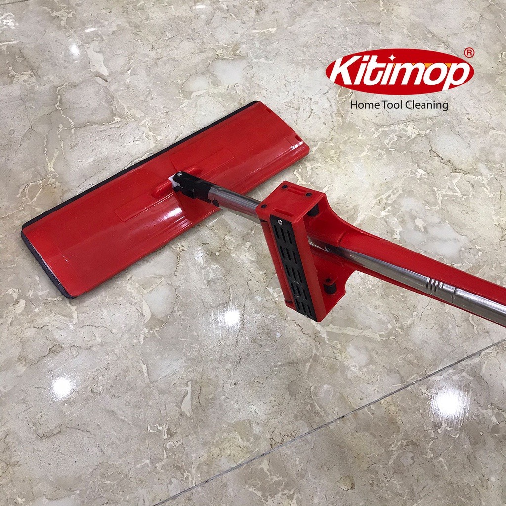 Cây lau nhà tự vắt Kitimop-Red bàn lau lớn 38cm, con lăn trợ lực, thanh thép không gỉ, khớp xoay 360 độ, 2 bông lau