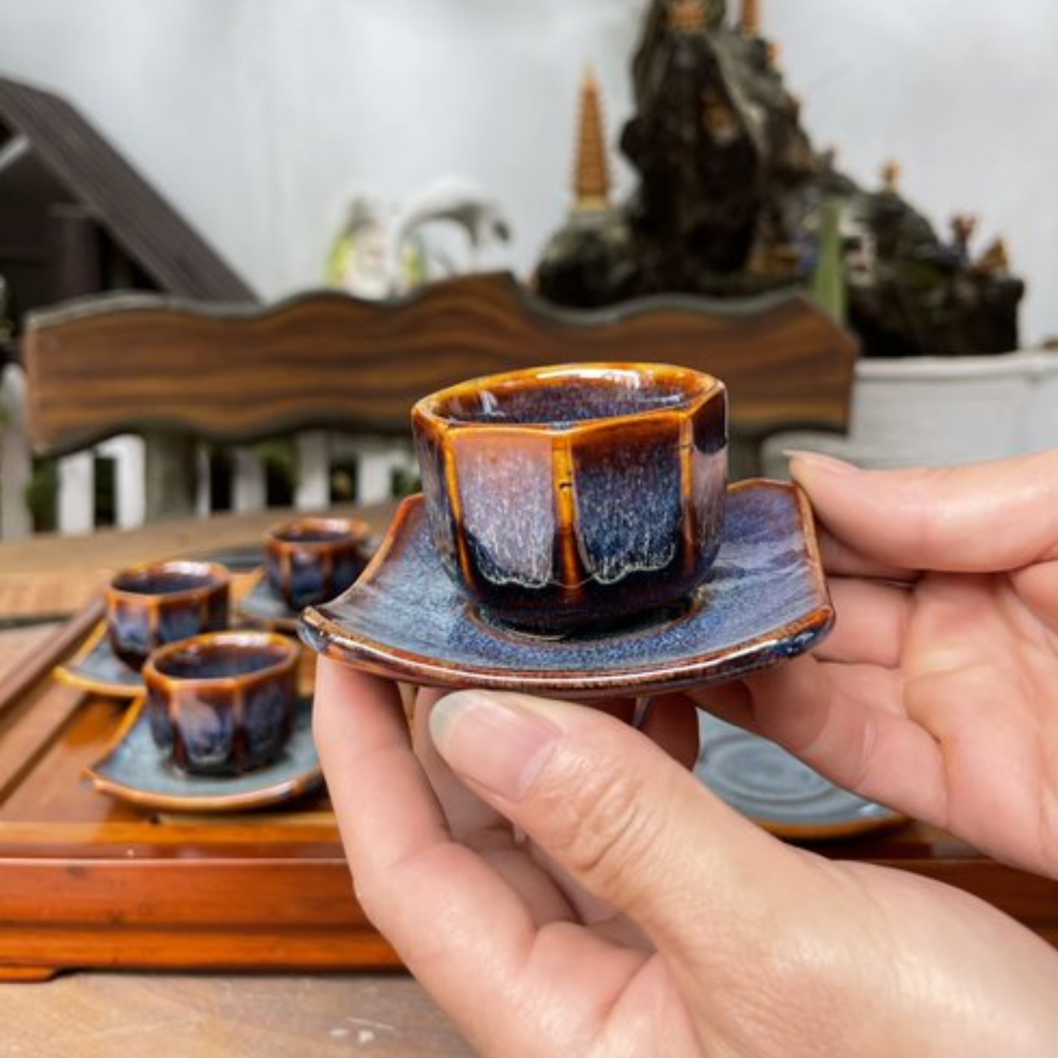 Bộ ấm chén uống trà cao cấp , bộ ấm trà Bát Tràng - hỏa biến bát giác tím