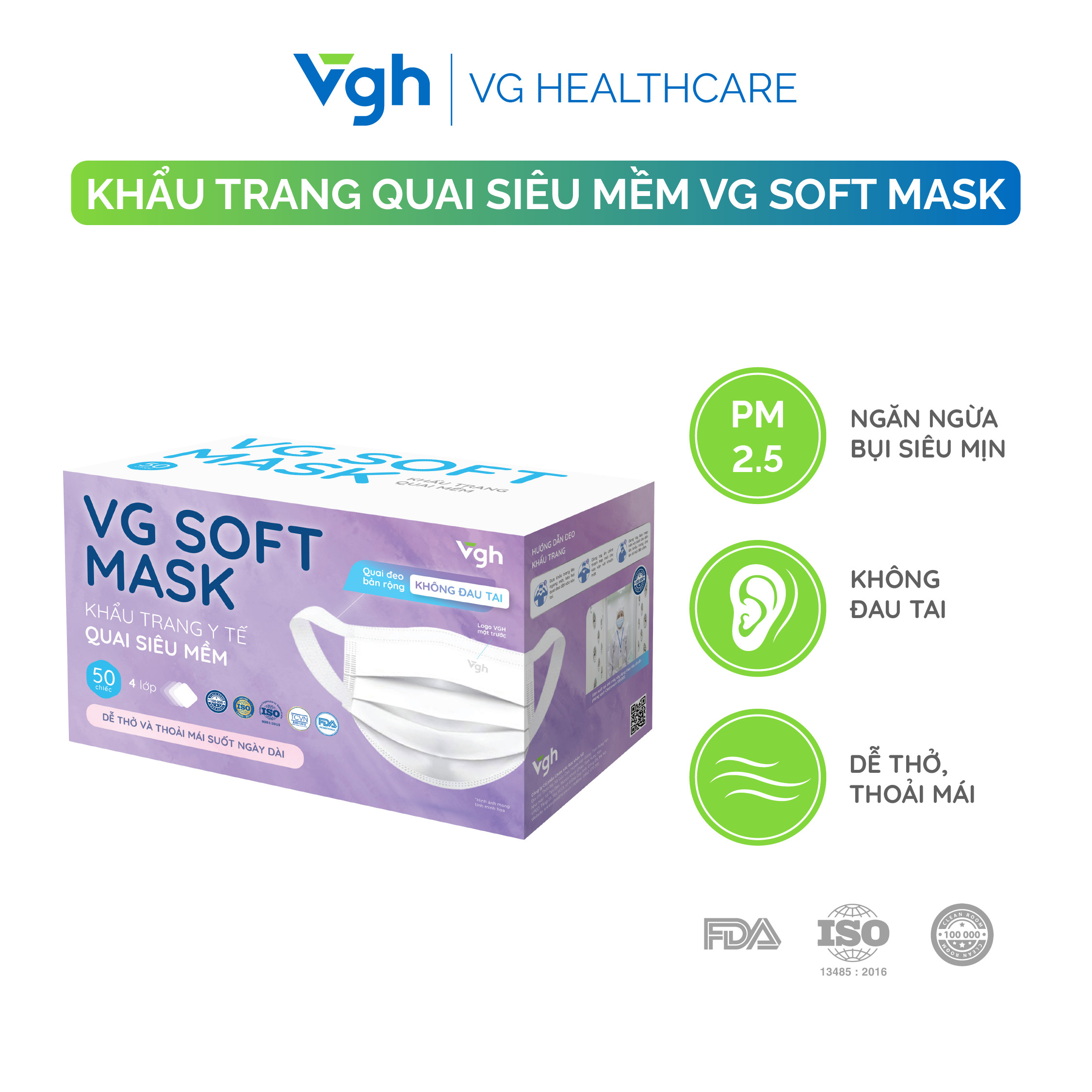 Khẩu trang quai siêu mềm VG Soft Mask lọc khuẩn 95%, cấu trúc 4 lớp mềm mại thoáng khí