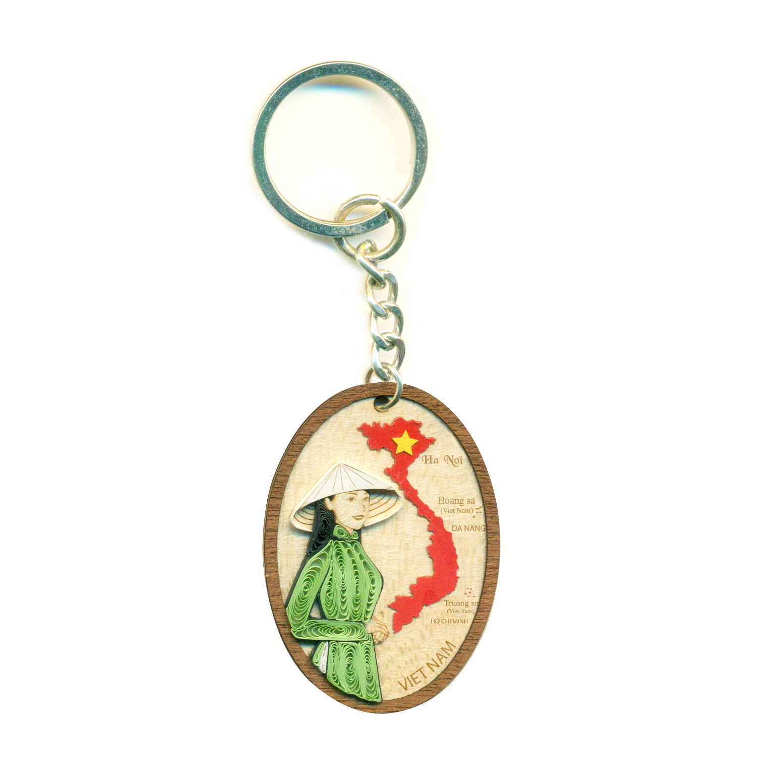 Móc khóa Veener và Quilling người con gái và tổ quốc size 4x5.6 cm