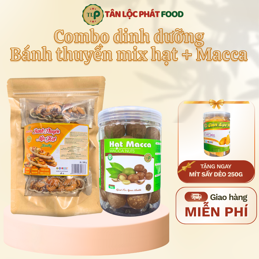 (Tặng Mít Sấy Dẻo Hũ 250G) Combo Hạt Dinh Dưỡng Bánh Thuyền Mix Hạt Túi 200g + Macca Hũ 300g
