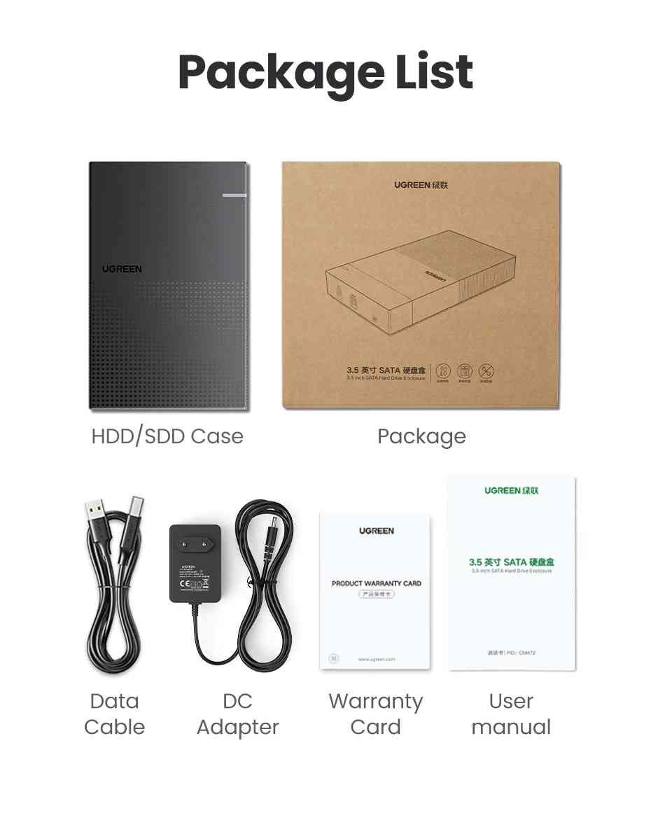 Ugreen UG30729CM472TK 3.5inch 16Tb 1M Hộp đựng ổ cứng SATA hổ trợ 16Tb kèm cáp USB-A sang USB-C hổ trợ nguồn 12v-2A - HÀNG CHÍNH HÃNG