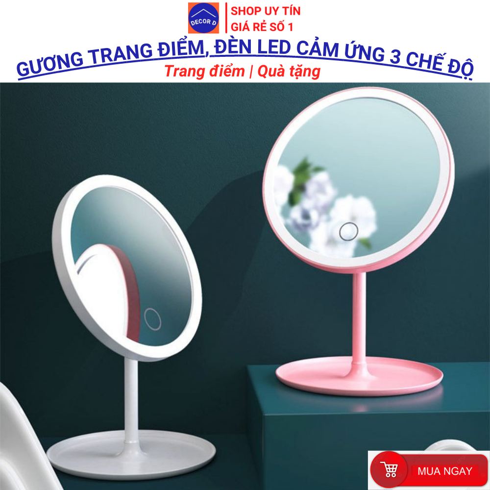 Gương trang điểm đèn led, Gương để bàn trang điểm Hàn Quốc decor xinh xắn dễ thương [Kèm pin dây sạc USB