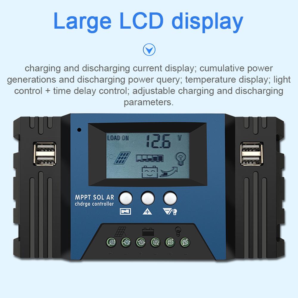 60A MPPT Solar Charge Controller 12/24V Auto Focus Solar Panel Controller Battery Intelligent Regulator with 4 USB Output Adjustable Parameter LCD Display Timer Setting
