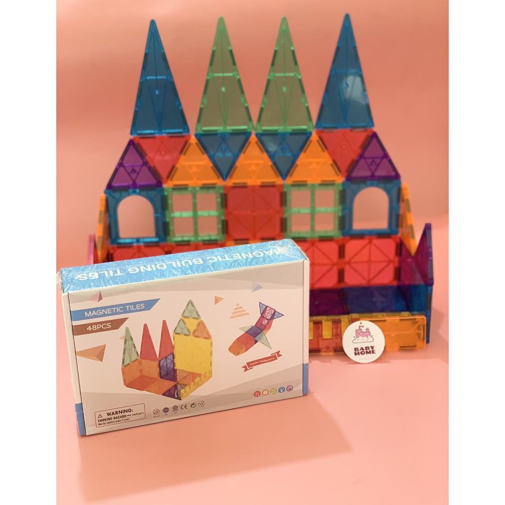 Bộ đồ chơi xếp hình nam châm miếng ghép từ tính trong suốt Magnetic Tiles 48pcs chi tiết tòa nhà, lâu đài