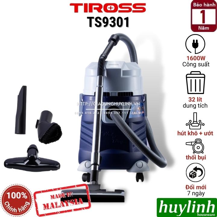 Máy hút bụi công nghiệp Tiross TS9301 - Dung tích 32 lít - Sản xuất tại Malaysia - 3 Chức năng Hút khô - ướt - thổi bụi - Hàng chính hãng