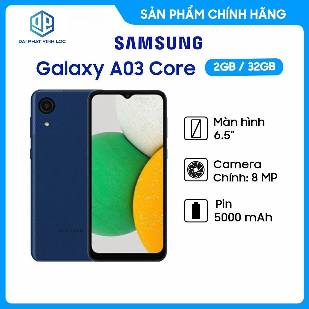 Điện thoại Samsung Galaxy A03 Core (2GB/32GB) - Hàng Chính Hãng, Mới 100%, Nguyên Seal | Bảo hành 12 tháng - Camera chính 8MP Full HD - Pin Khủng 5000 mAh - Điện Thoại Giá Rẻ