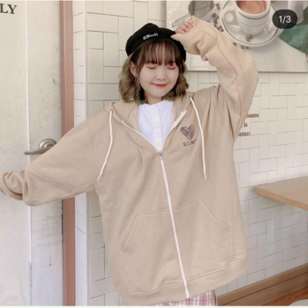 Áo khoác hoodie Heart Unisex Saranghae hình trái tim thêu chất nỉ bông dây kéo form rộng