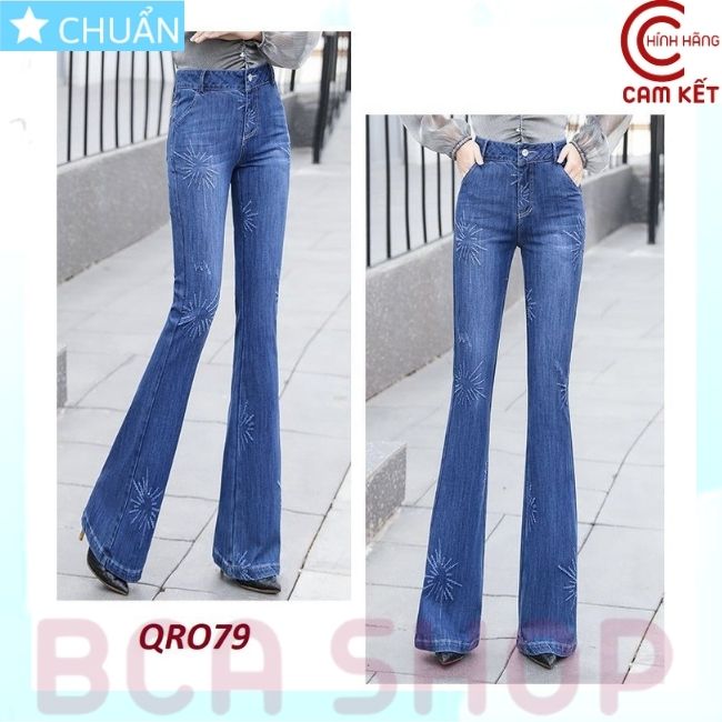 Quần jean nữ ống loe QRO79 ROSATA tại BCASHOP dáng dài thêu họa tiết, lưng cao 1 nút, phom chuẩn, chất liệu jean cao cấp - màu xanh