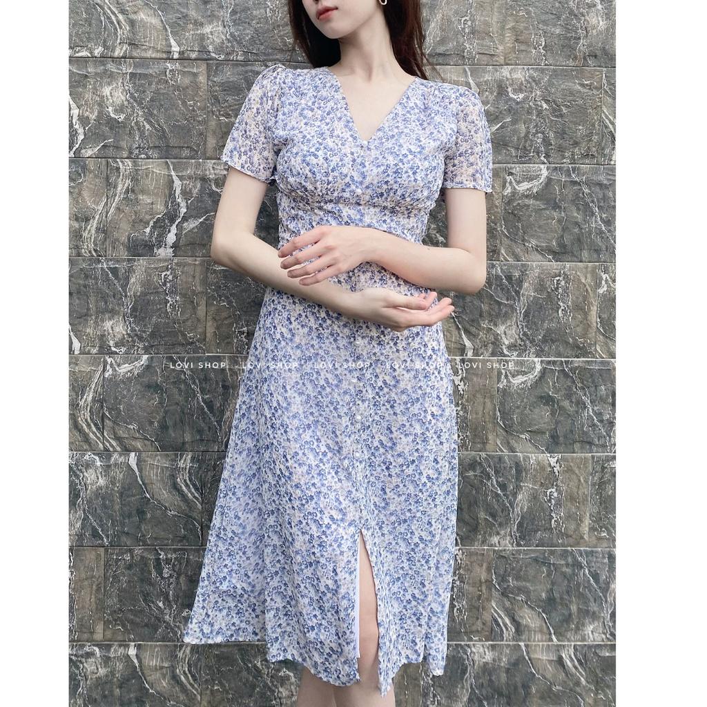 Váy đầm voan hoa nhí thiết kế nút ngọc cổ V phong cách thiểu thư vintage Lovi