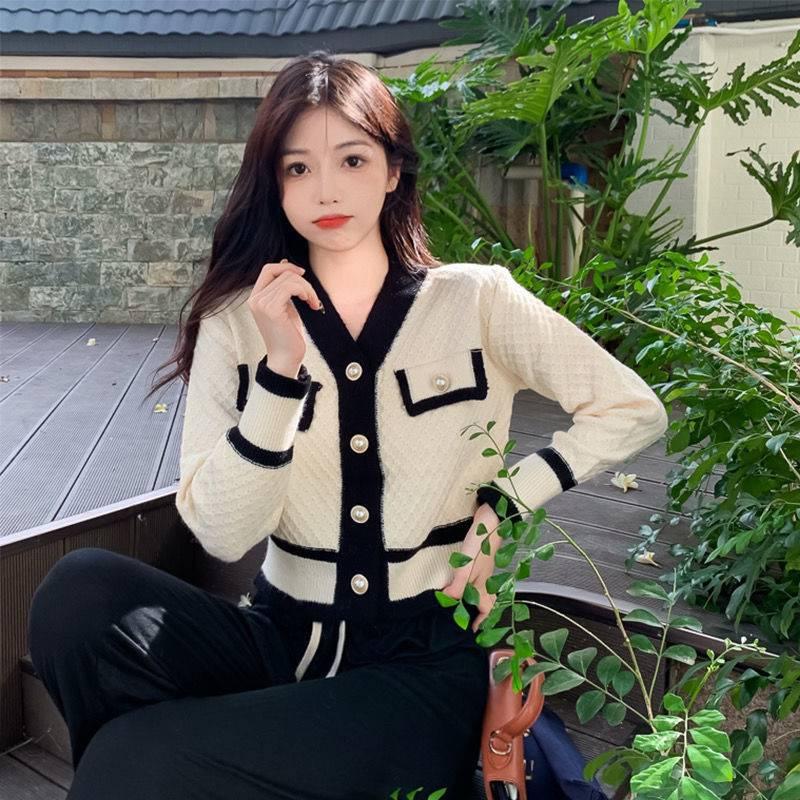 Áo khoác len nữ cardigan tay dài cadigan viền đen trắng cổ tim kiểu Hàn Quốc phong cách trẻ trung đi học nữ sinh C-1