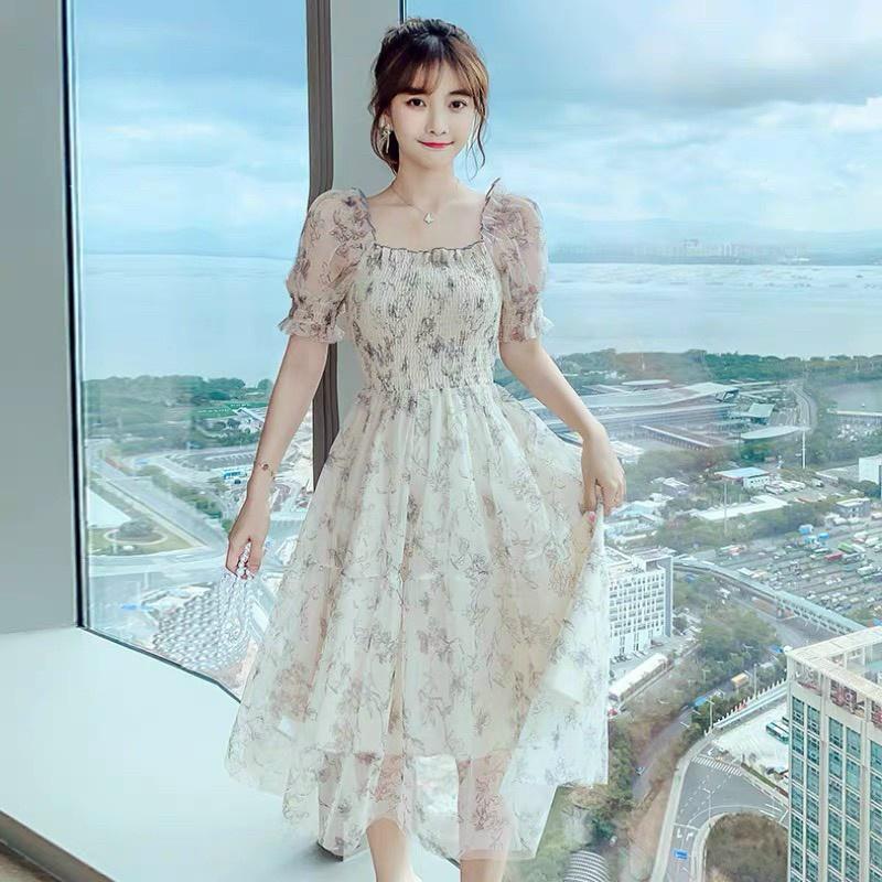 Đầm xoè voan hoa mocking tay phồng siêu xinh