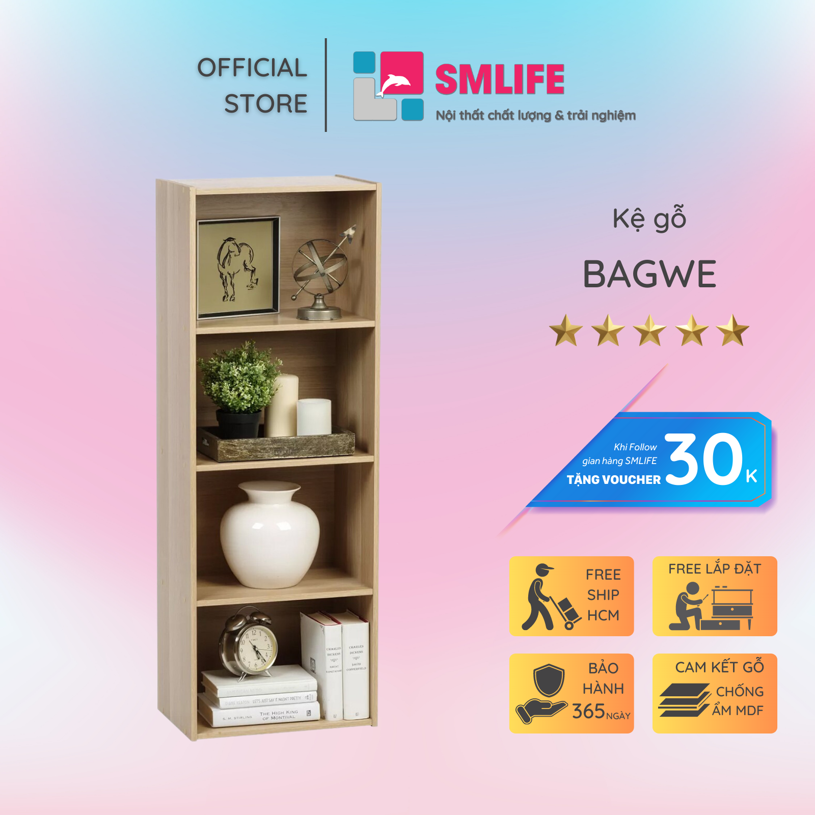 Kệ sách, kệ trang trí gỗ hiện đại SMLIFE Bagwe | Gỗ MDF dày 17mm chống ẩm | D40xR28xC120cm