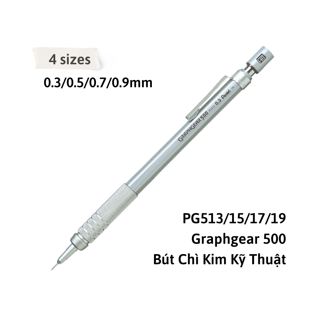 Bút Chì Kim Kỹ Thuật Cao Cấp Pentel Graphgear 500 Loại 0.30.50.7Mm Vẽ Phác Thảo, Vẽ Kiến Trúc - Pg513, Pg515, Pg517 - 0.3Mm