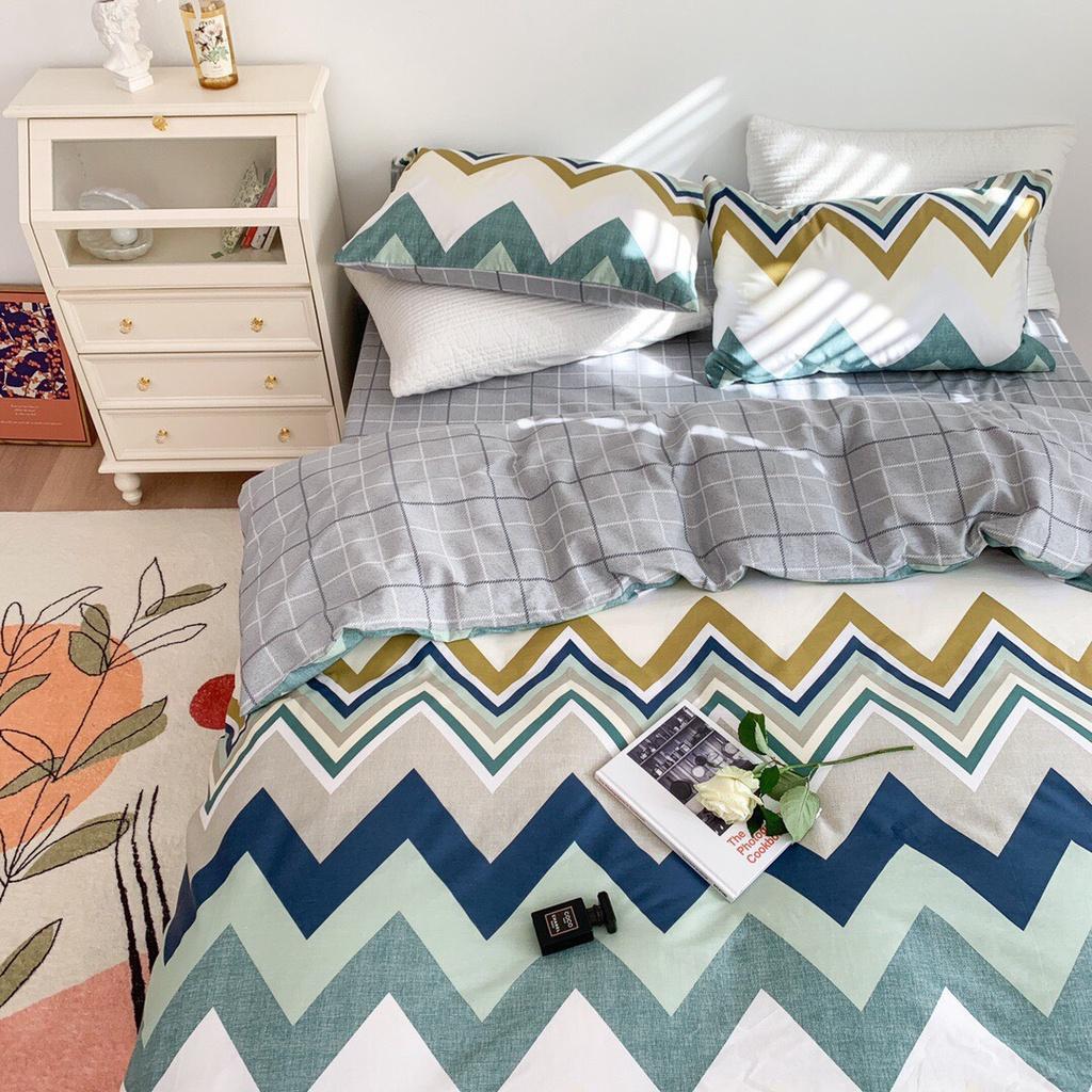 Bộ Chăn Ga Gối Cotton Living Ziczac Xanh Dương