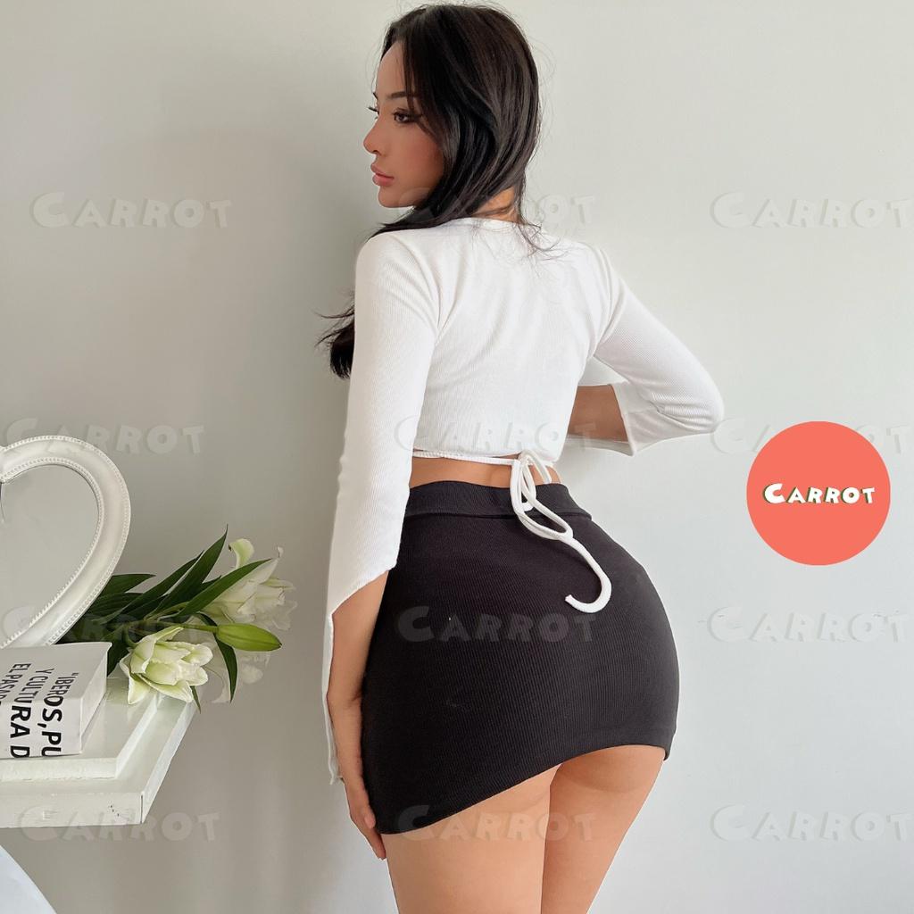 Áo croptop tay dài sexy trắng thiết kế chân váy đen basic ôm eo tôn dáng trendy thời trang nữ carrotxinhdep