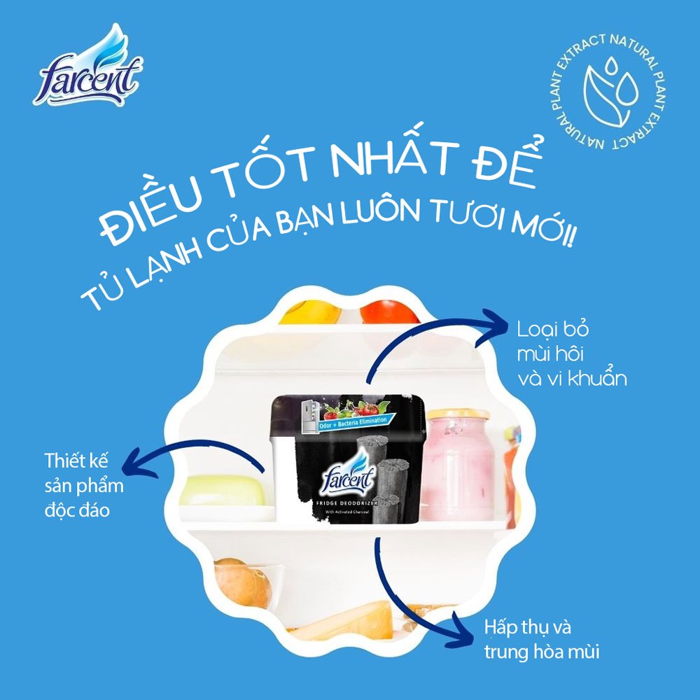 Hộp khử mùi tủ lạnh, kháng khuẩn than hoạt tính chính hãng Farcent 150g - Khử tốt mùi trong tủ lạnh