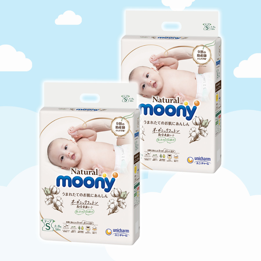 COMBO 2 Bỉm - Tã dán Moony Natural size S- 58 miếng (cho bé 4-8kg)