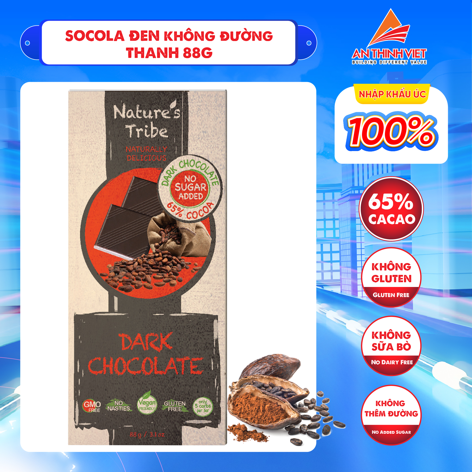 Socola Đen Không Đường Gluten Free - Nature's Tribe Dark Chocolate thanh 88g