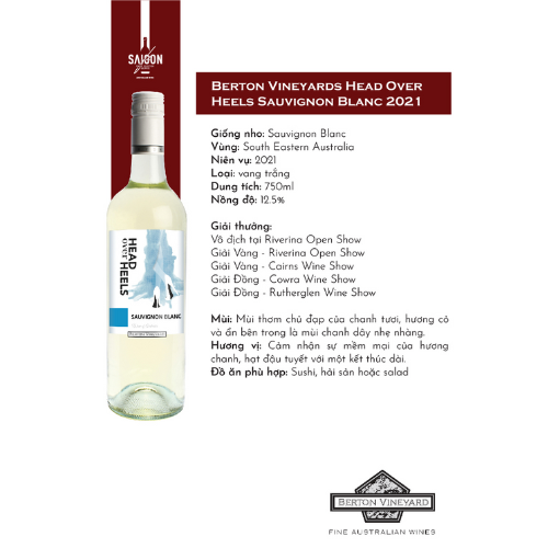 Rượu vang trắng Berton Vineyards Head Over Heels Sauvignon 750ml 12% Alc