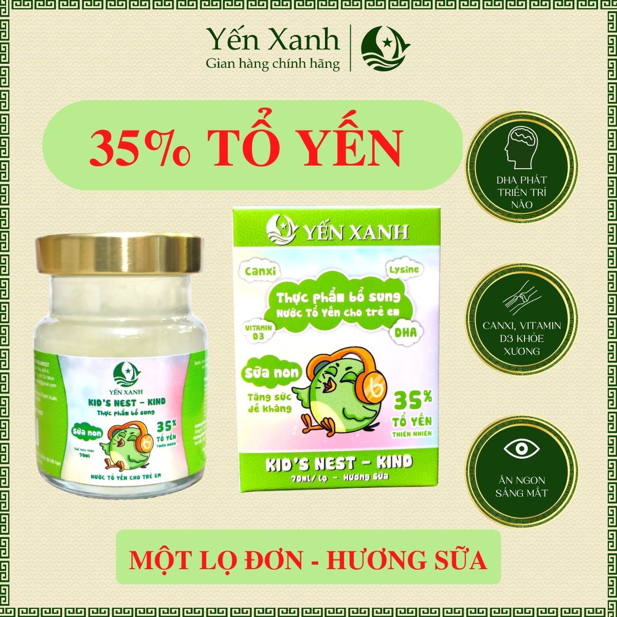 35% tổ yến - Nước tổ yến sào chưng dành cho trẻ em Kid's nest sữa non KIND - Yến Xanh hương sữa - Hộp 1 lọ x 70ml