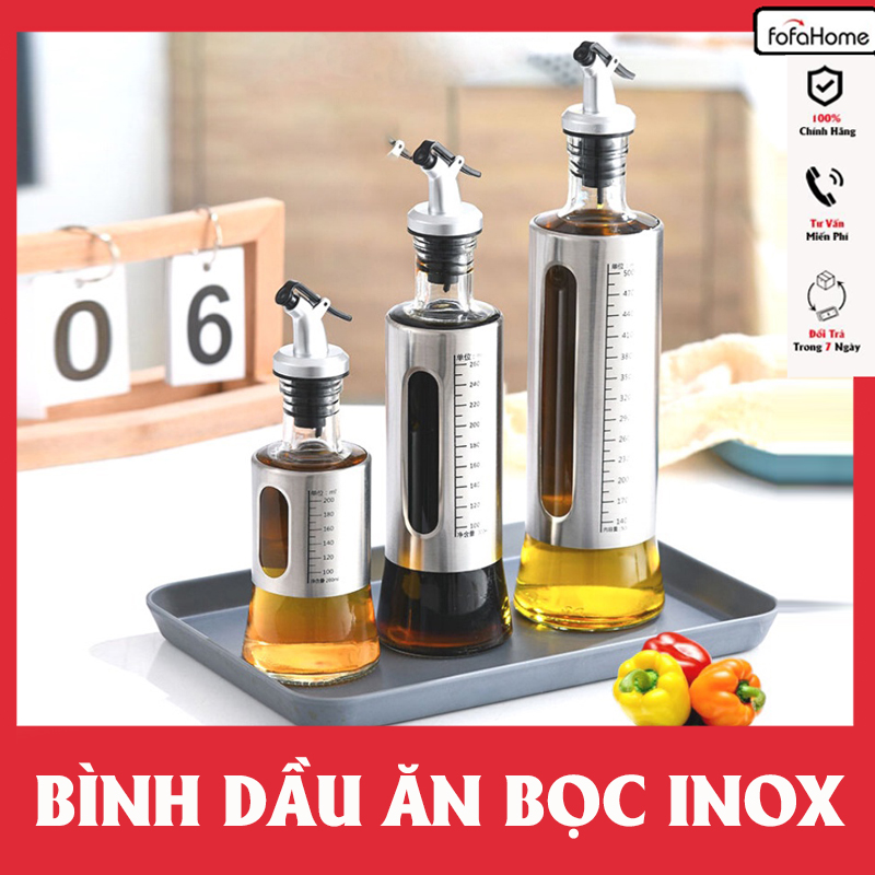 Chai Đựng Dầu Ăn Nước Mắm, Bình Rót Dầu Ăn Nước Mắm Thủy Tinh Bọc Inox Cao Cấp Đủ Dung Tích 200-300-500ml
