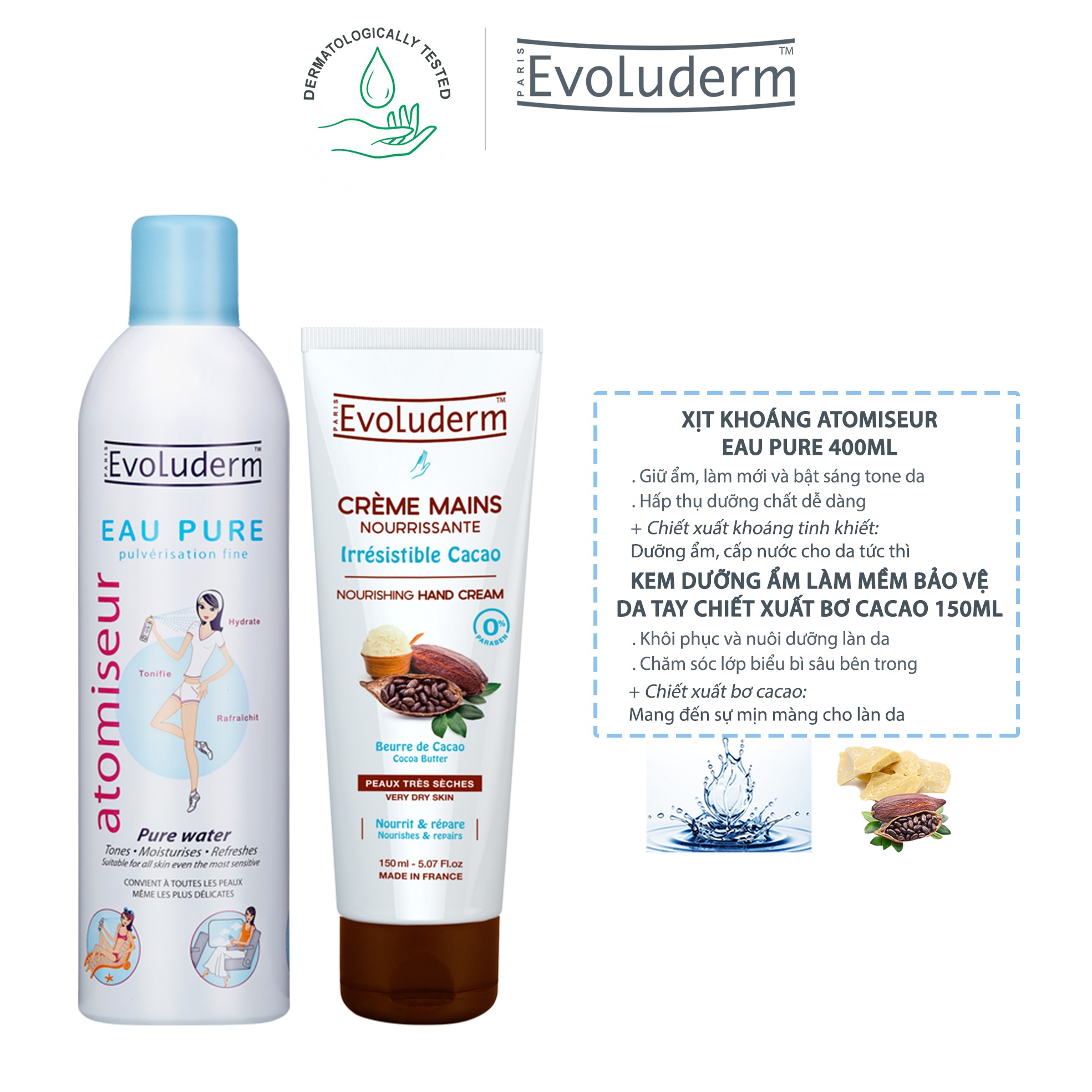 Combo xịt khoáng Evoluderm 400ml và kem dưỡng ẩm làm mềm bảo vệ da tay chiết xuất bơ cacao Evoluderm 150ml