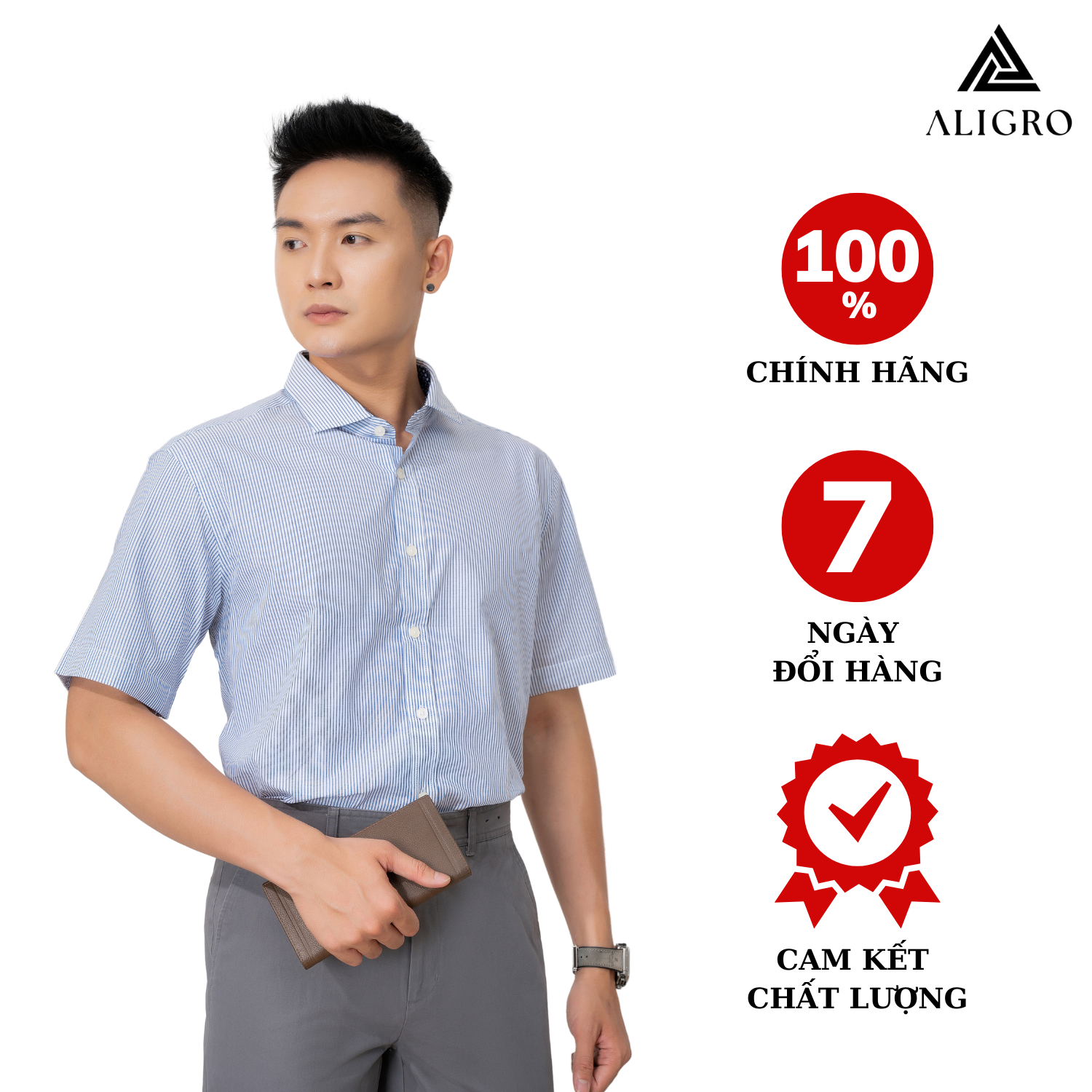 Áo sơ mi cộc tay nam công sở Aligro kẻ xanh ALGS-C82