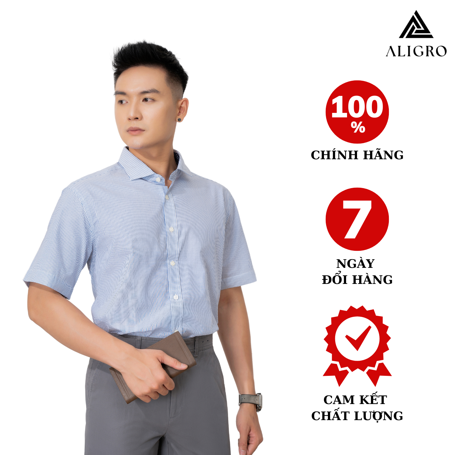 Áo sơ mi cộc tay nam công sở Aligro kẻ xanh ALGS-C82 ( SIZE M)